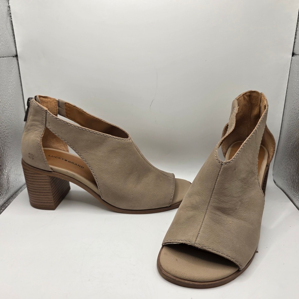 Lucky Brand Saimy Taupe Leather Cutout Peep Toe Block Heel Booties Mens 8M 38.5